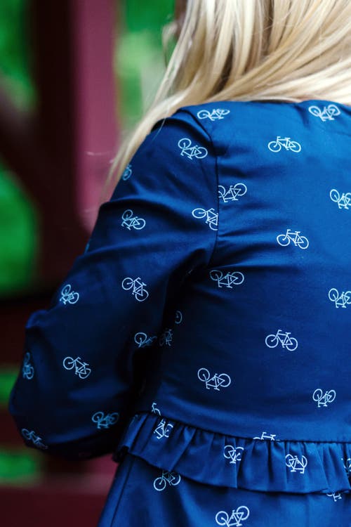 Hope & Henry Girls' Ruffle Waist Dress, Toddler In Navy Bicycle Print