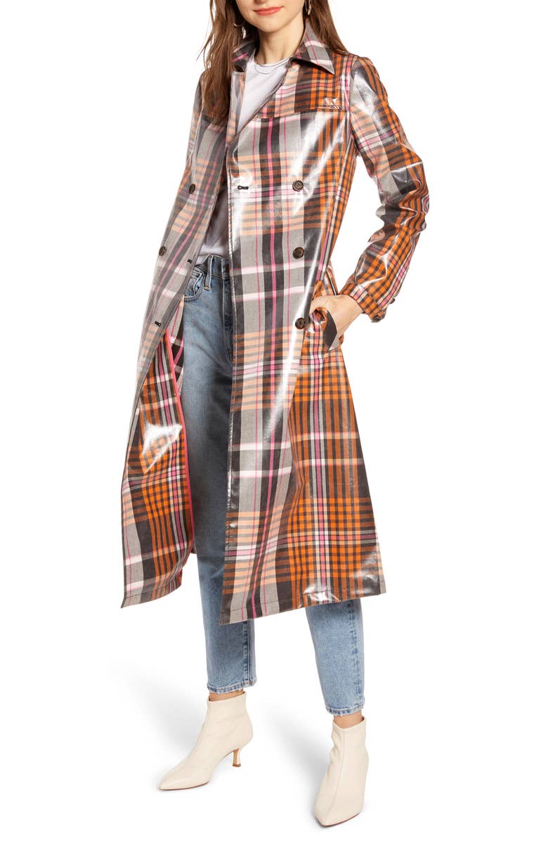 Water Resistant Plaid Glossy Trench Coat, Main, color, PINK BROWN TAYLOR PLAID