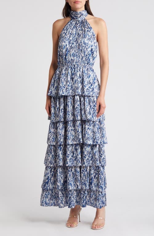 Printed Tiered Mock Neck Maxi Dress in Blue Print