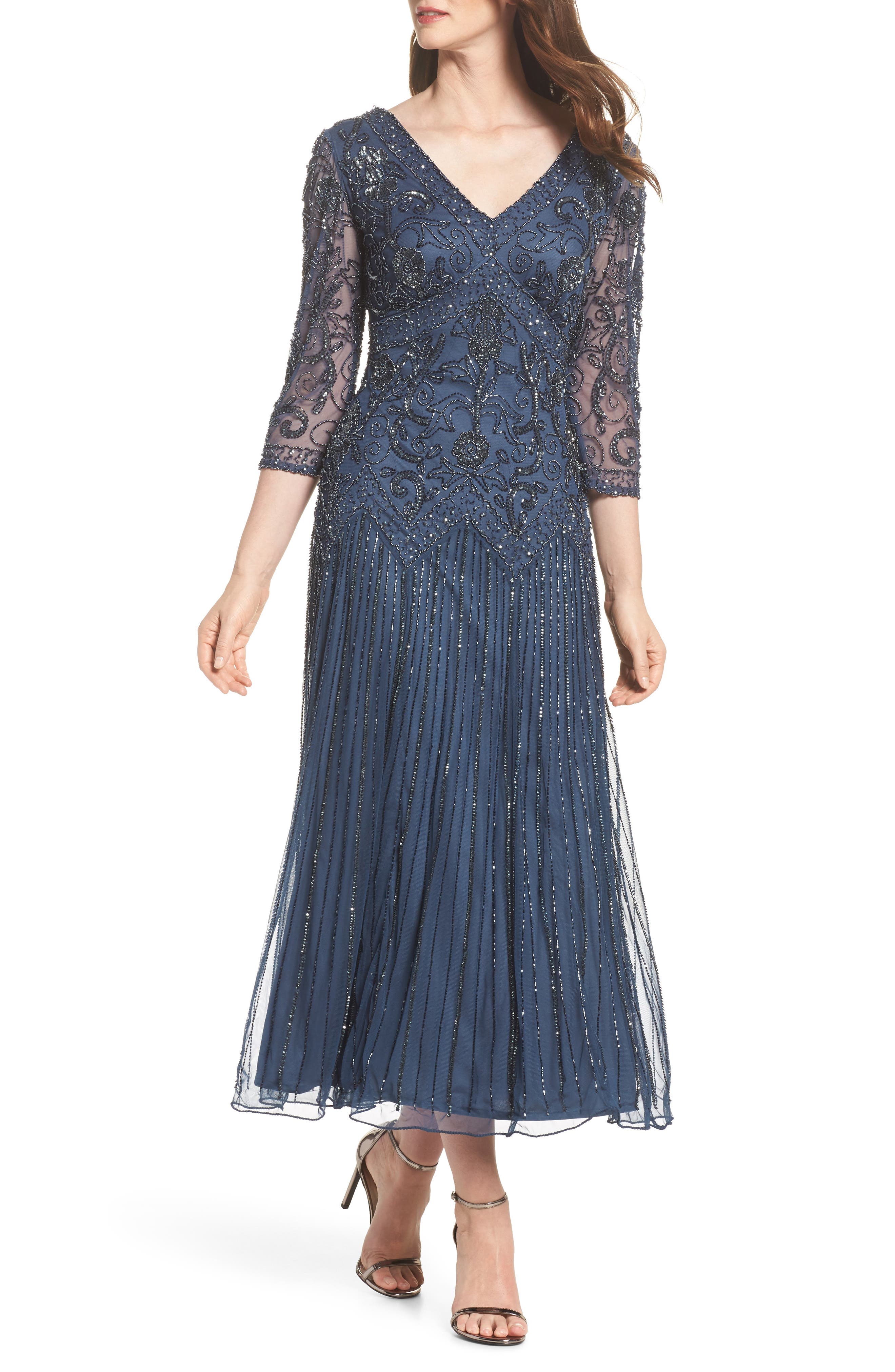 Pisarro Nights Beaded Mesh Tea Length Dress Nordstrom