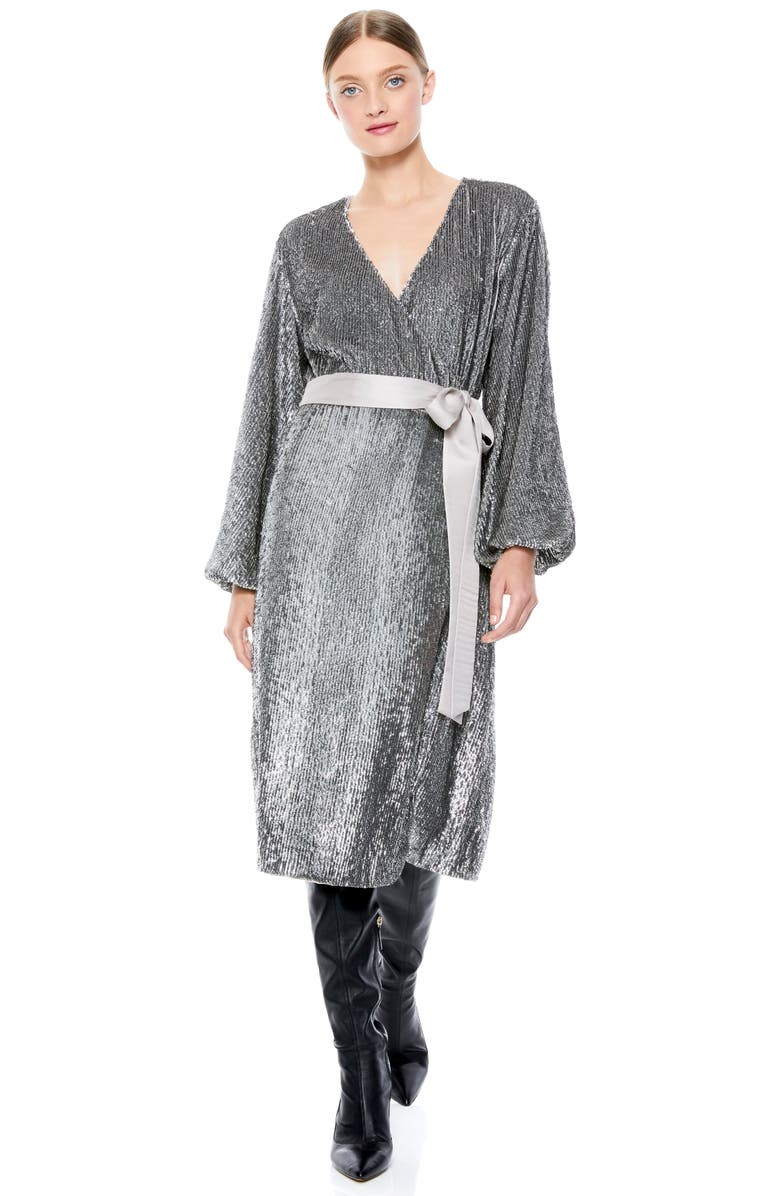 Alice + Olivia Anne Sequin Long Sleeve Wrap Dress, Alternate, color, 