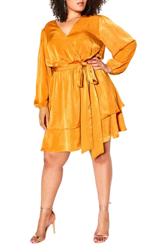 City Chic Twisted Ruffle Long Sleeve Minidress In Honey