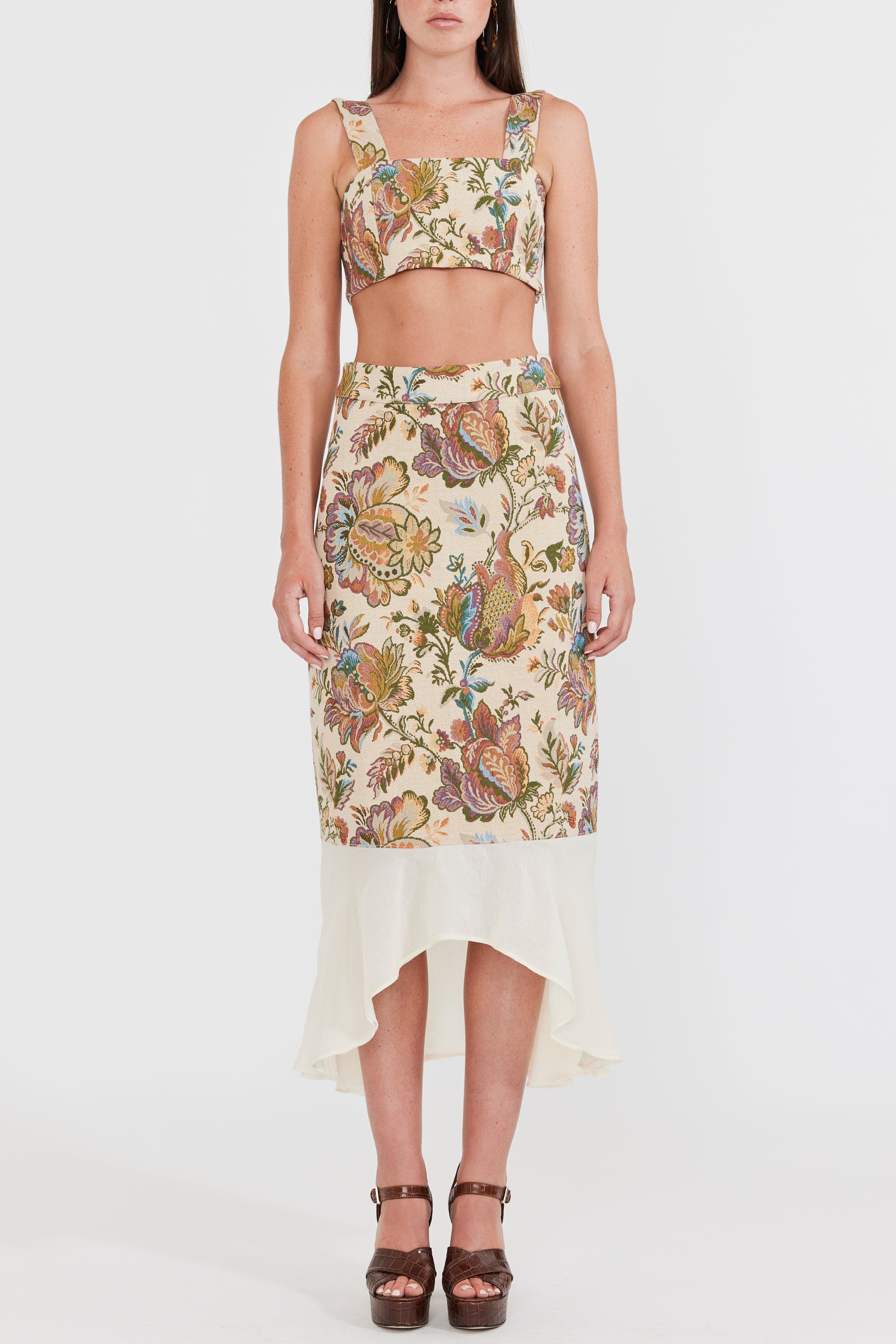 Eddy Moon Midi Skirt in Rainbow Floral Jacquard 