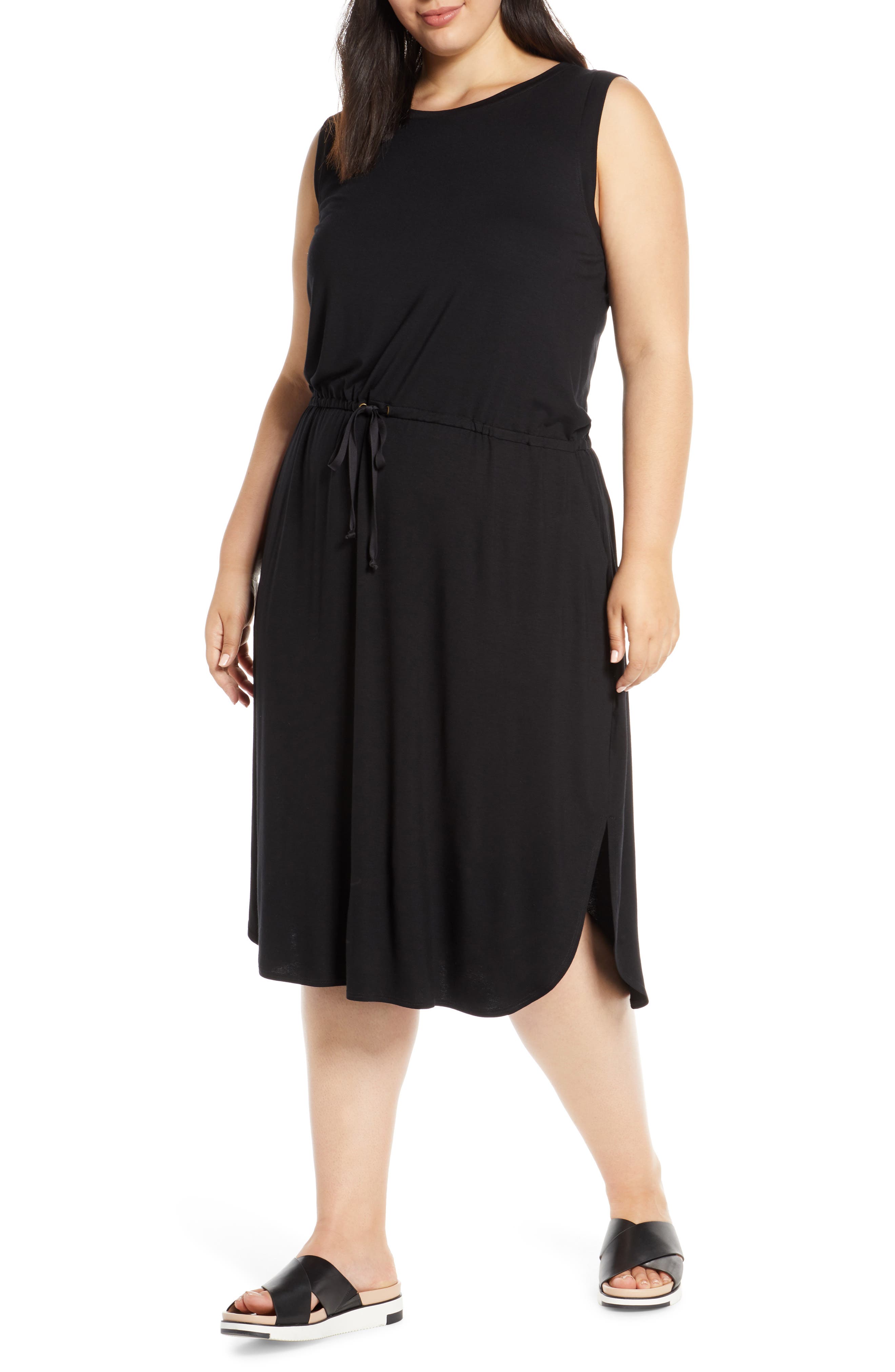 Plus Size Eileen Fisher Drawstring Stretch Tencel Lyocell Midi Dress, Black