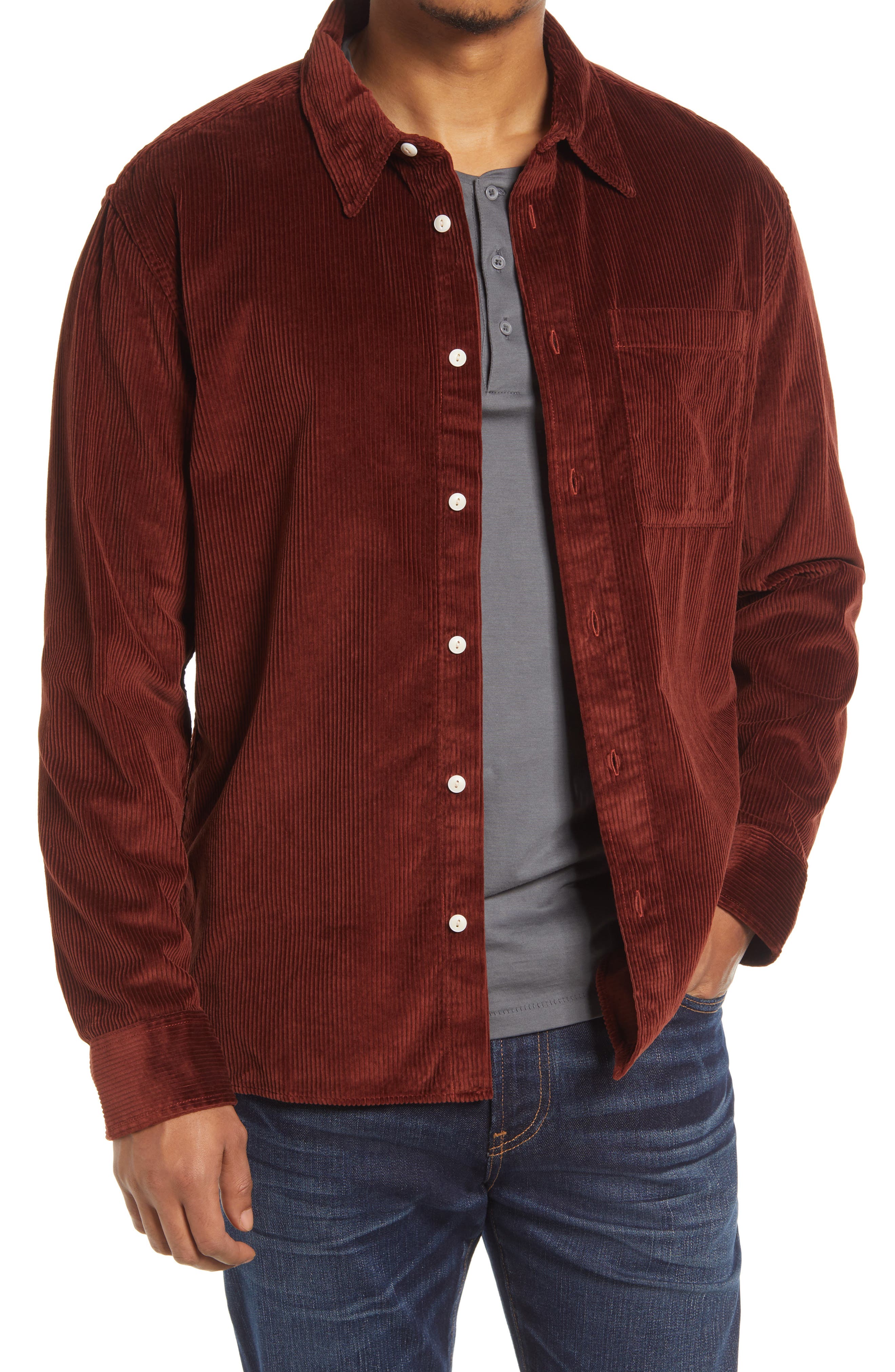 brown button down shirt