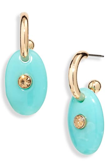 Shop Nordstrom Rack Oval Drop Crystal Huggie Hoop Earrings In Teal- Gold