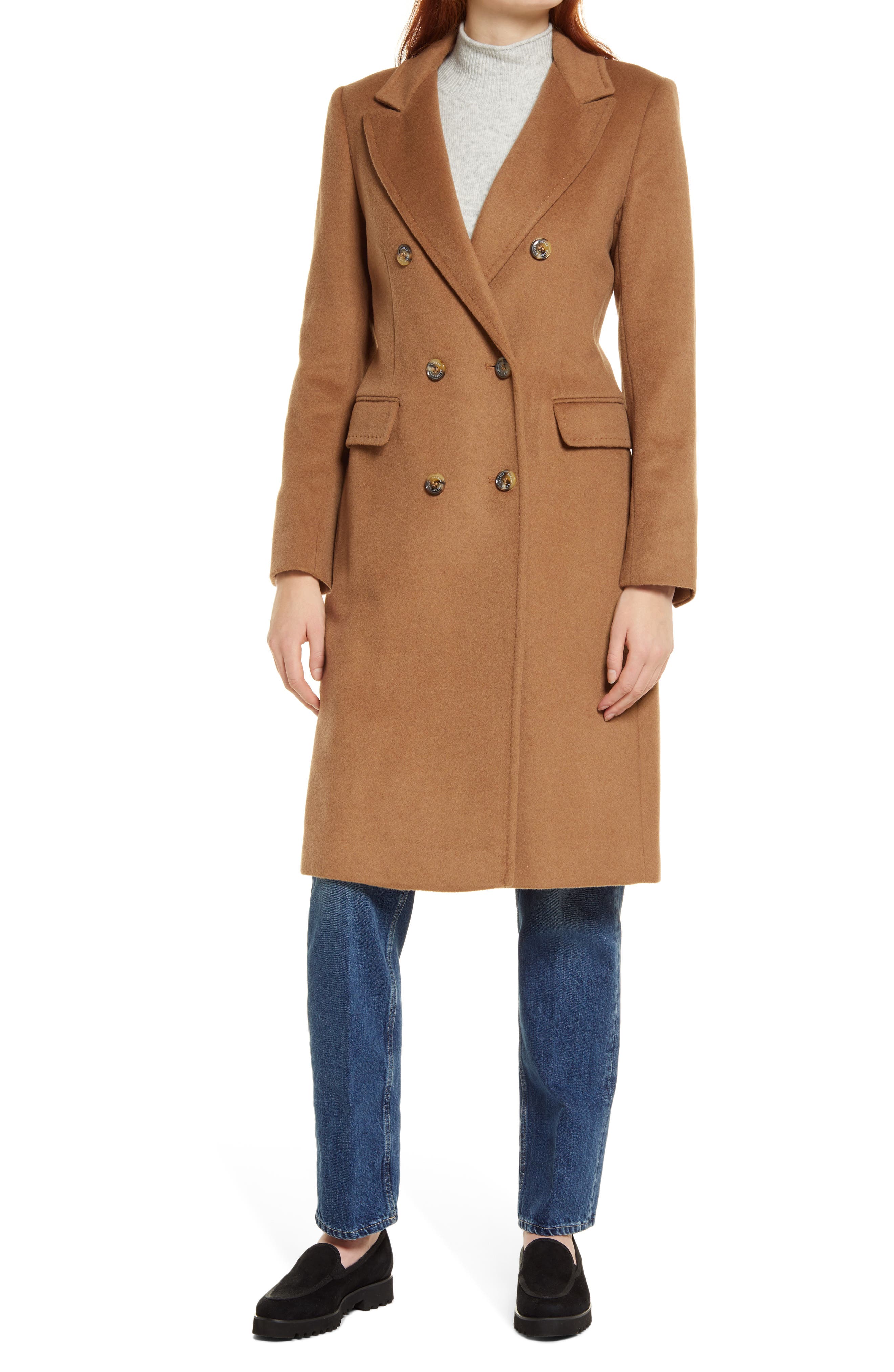 Double Breast Wool Blend Reefer Coat 