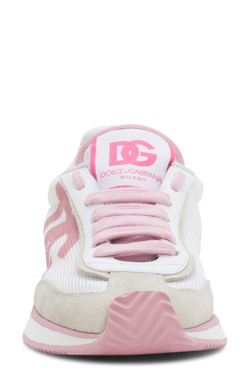 Dolce & Gabbana 'aria' Pink Running Sneakers With Logo Detail In Suede And Tech Fabric Woman In Bianco/rosa