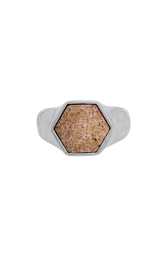 Shop Allsaints Leopard Skin Jasper Stone Hexagon Signet Ring In Warm Silver