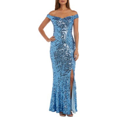 Morgan & Co. Convertible Neckline Sequin Swirl Trumpet Gown, Blue