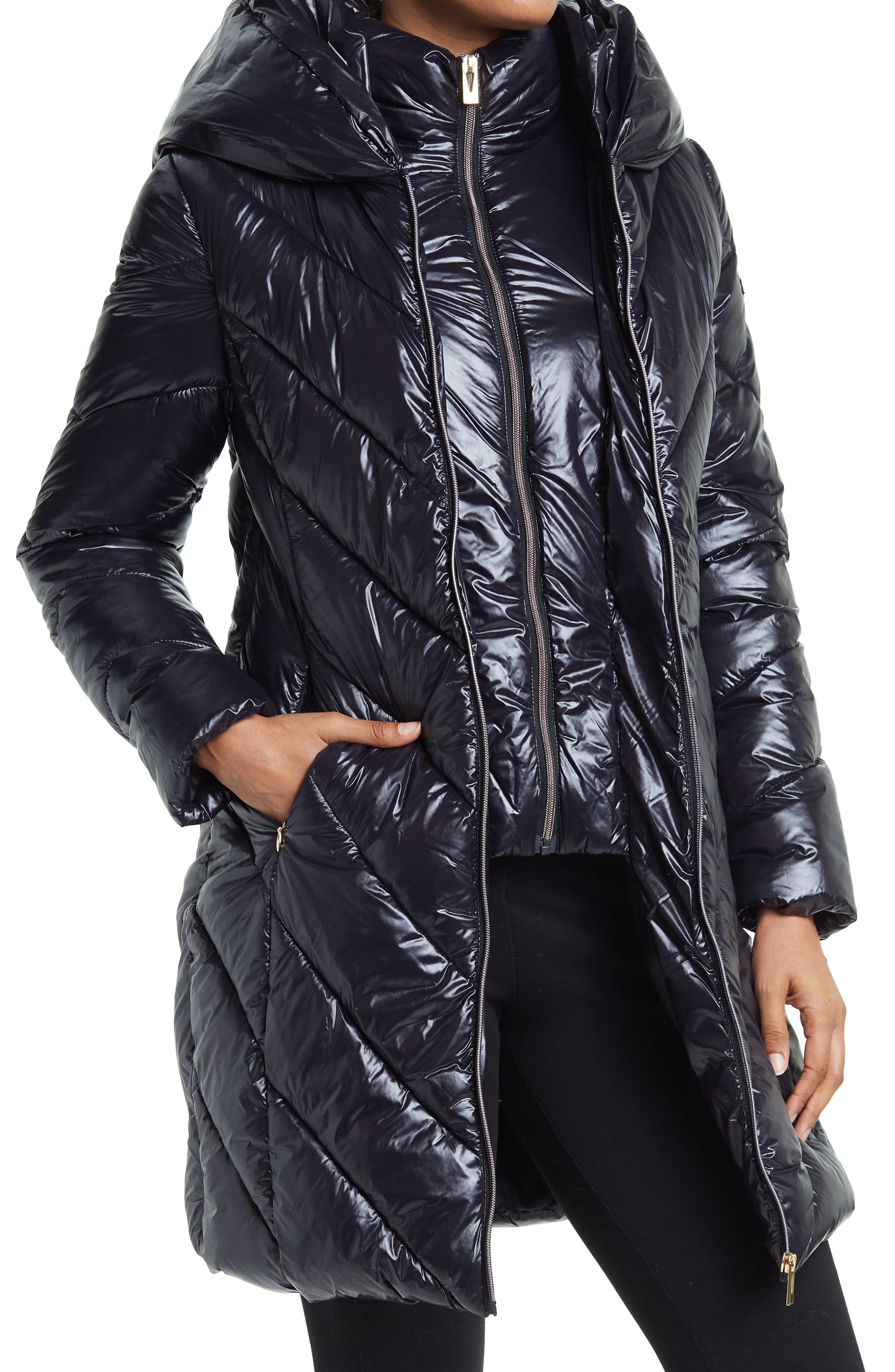 via spiga metallic hooded packable down coat
