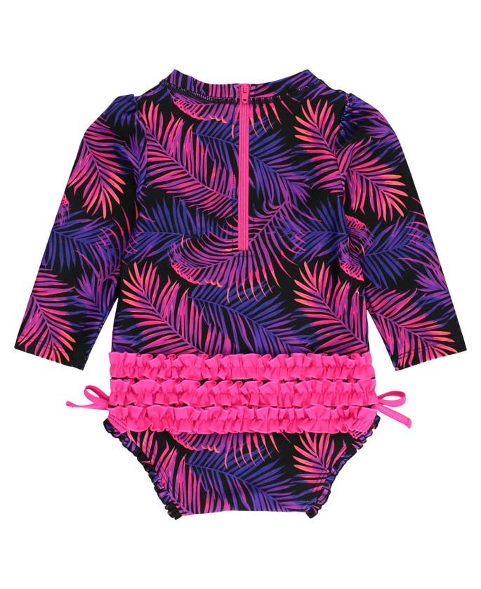 Shop Rufflebutts Girls Long Sleeve Upf50+ One Piece Rash Guard In Marine Glow