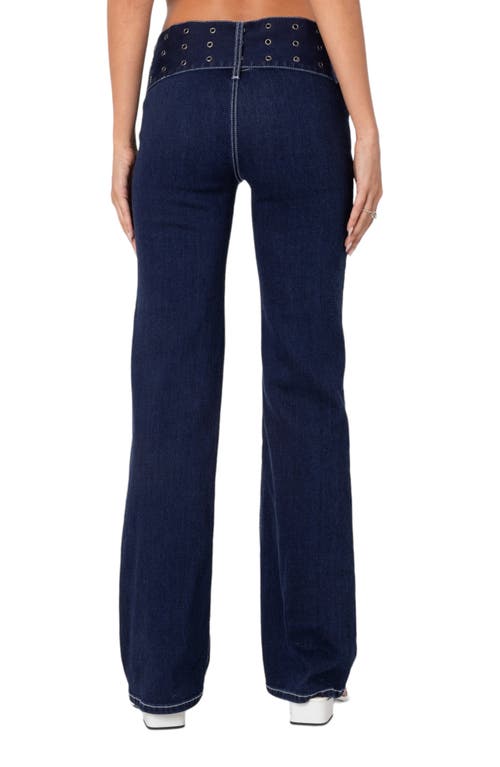 Shop Edikted Belted Flare Jeans In Indigo-blue-raw-wash