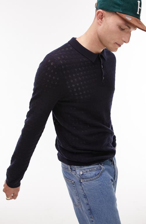 Pointelle Zigzag Polo Sweater in Navy