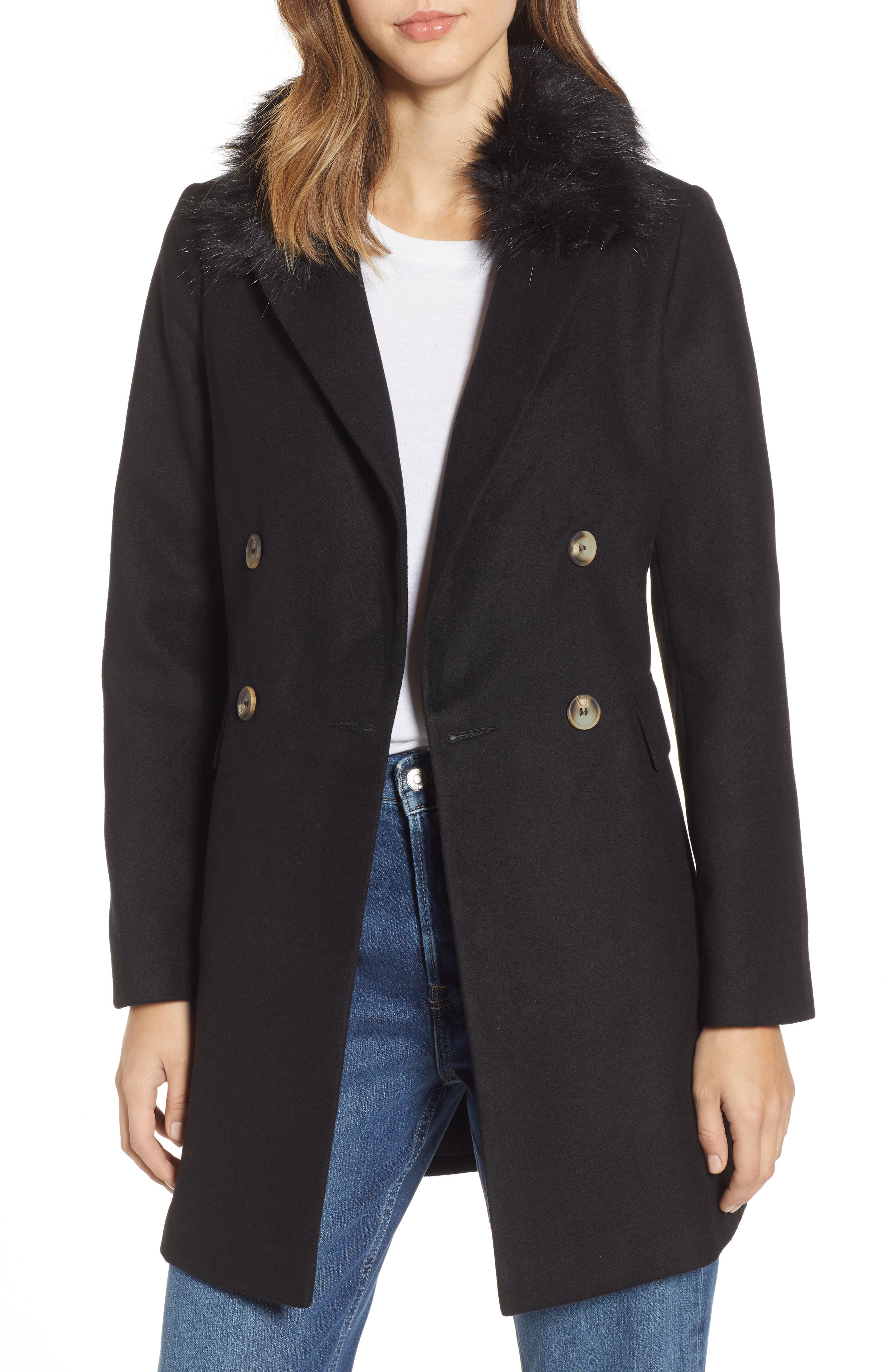 Topshop Naomi Faux Fur Collar Coat In Black