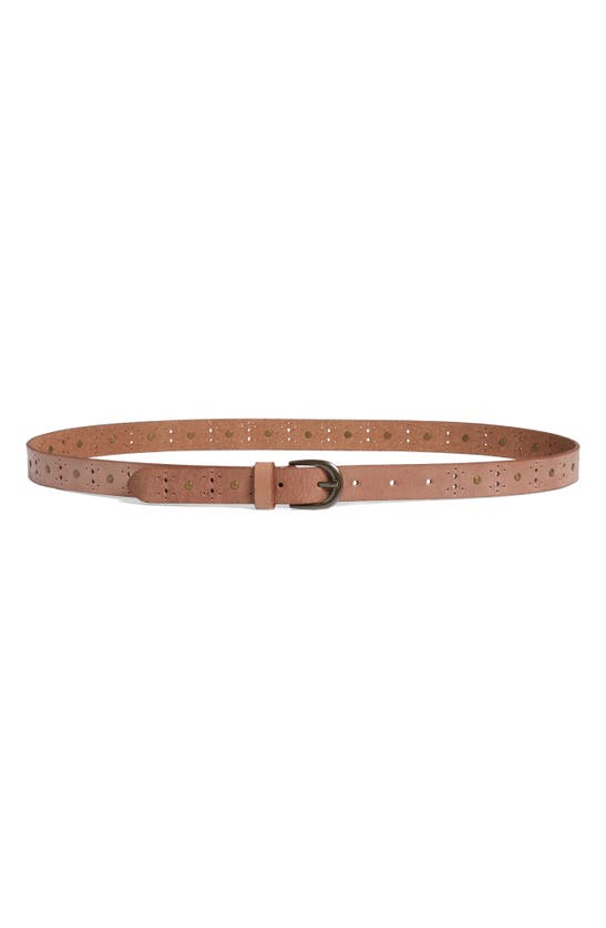 Frye 25mm Perforated Leather Belt In Cream / Antique Brass