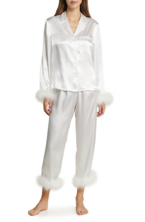 Feather Trim Satin Pajamas in Ivory