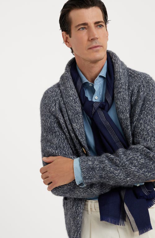 Shop Brunello Cucinelli Wool And Cashmere Diagonal Scarf With Striped Edge In Blue