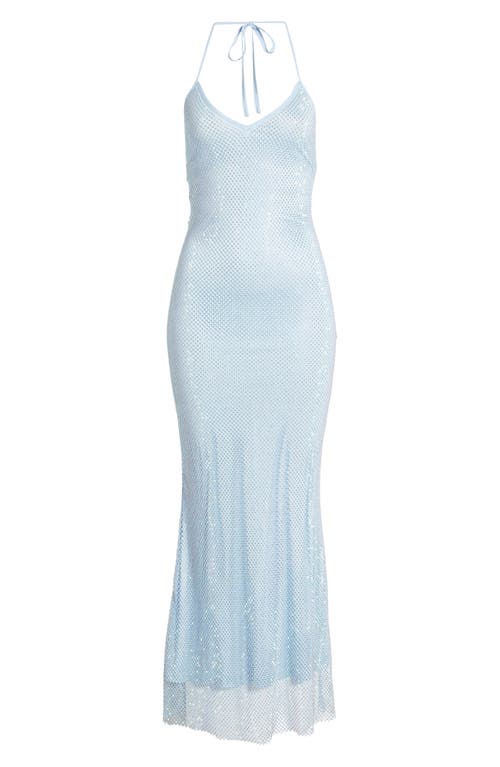 Rare London Diamante Mesh Halter Neck Gown In Light Blue