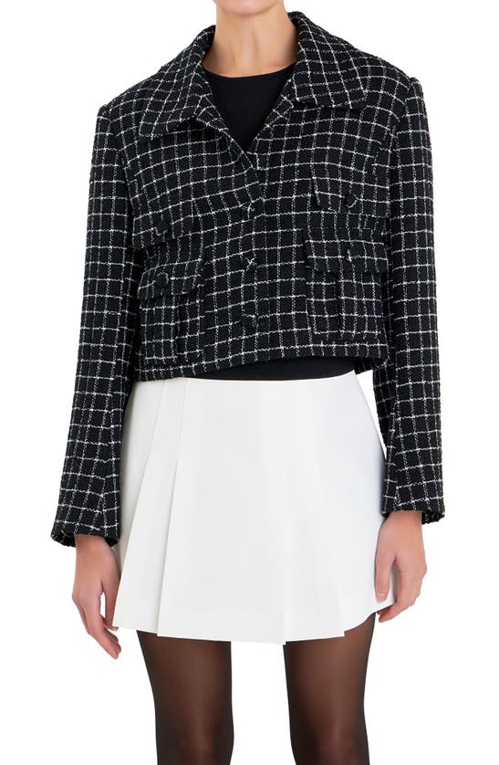 English Factory Windowpane Check Tweed Crop Blazer In Black