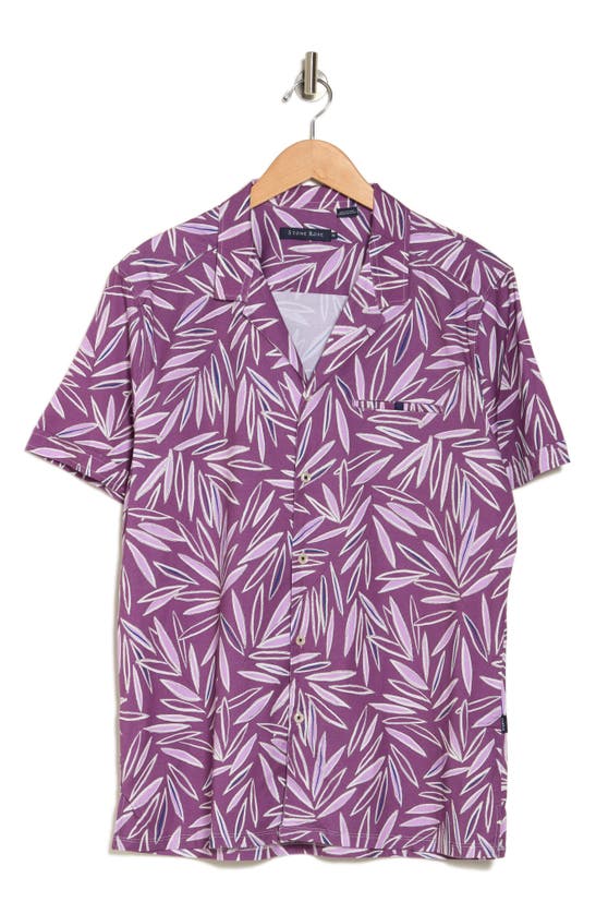 Stone Rose Trim Fit Palm Print Short Sleeve Stretch Shirt In Purple