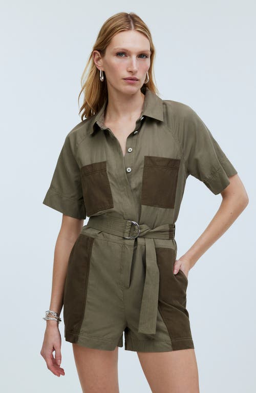 Shop Madewell Short Sleeve Patch Pocket Romper In Dark Olive