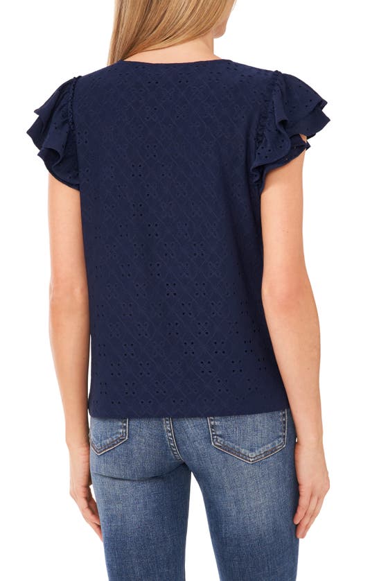 Shop Cece Double Ruffle Sleeve Eyelet Knit Top In Classic Navy