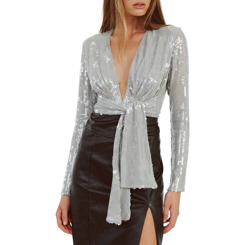 Bardot Emelia Sequin Wrap Long Sleeve Bodysuit In Dove Grey