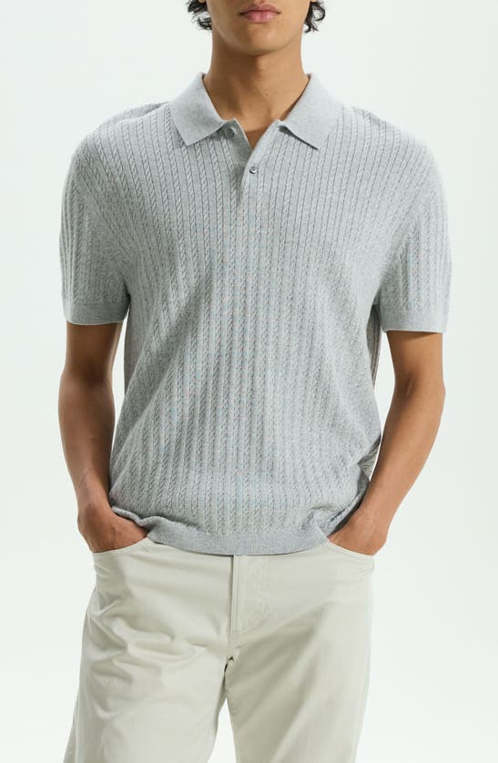 Theory Cable Short Sleeve Cotton Blend Polo Sweater In Light Grey Heather