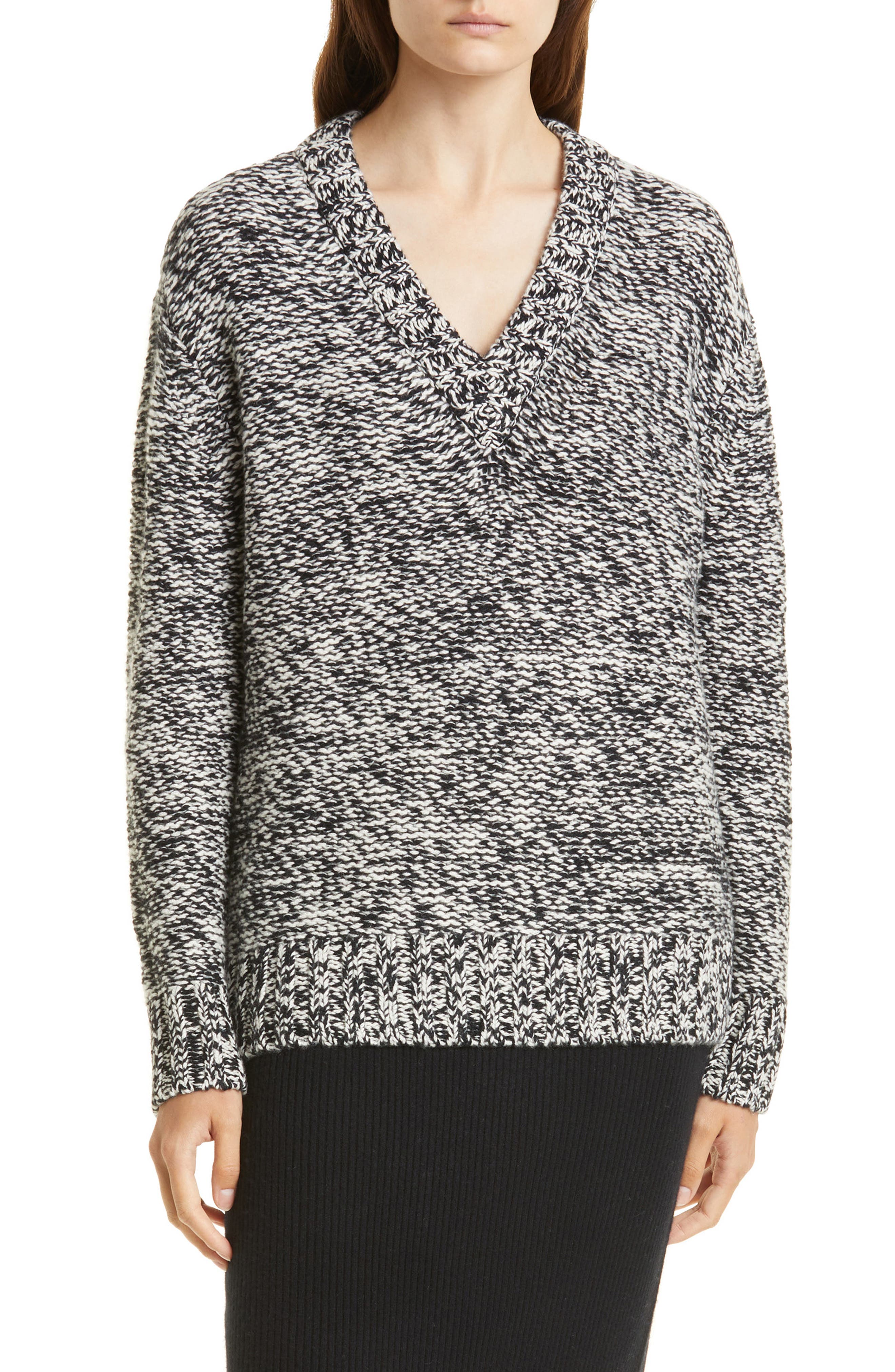 Nordstrom Signature Marled Cashmere Sweater in Black- Ivory Cloud Marl at Nordstrom, Size Large