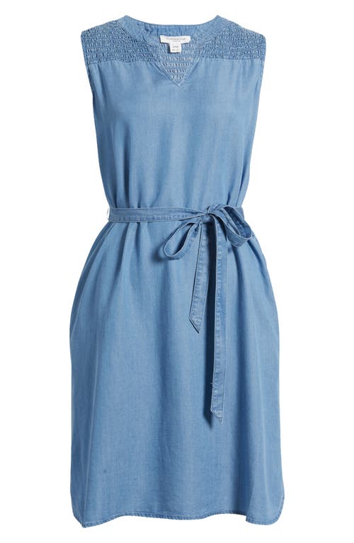 BEACHLUNCHLOUNGE BEACHLUNCHLOUNGE RIRI SMOCKED YOKE TIE WAIST SLEEVELESS CHAMBRAY DRESS