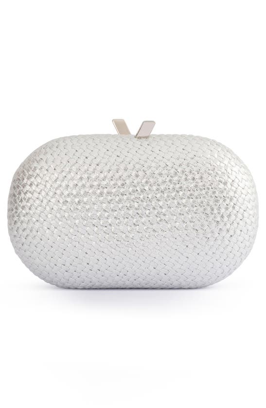 Shop Olga Berg Lucia Woven Oval Frame Clutch In Silver