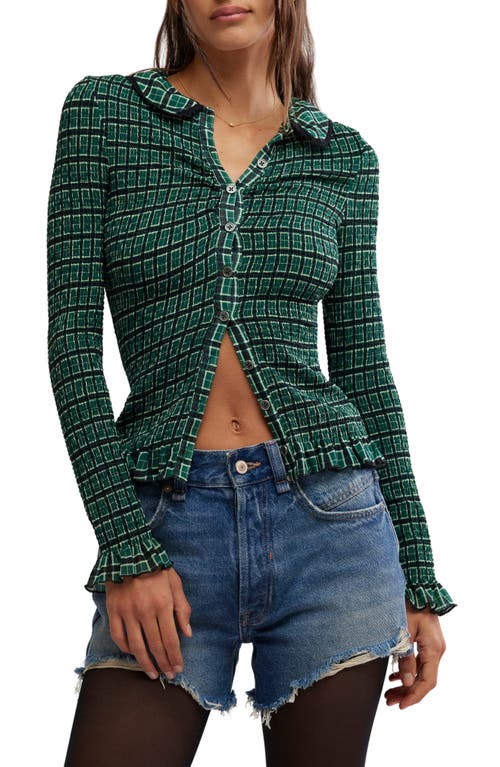 Free People Caught A Feeling Smocked Button-Up Top in Green Combo 