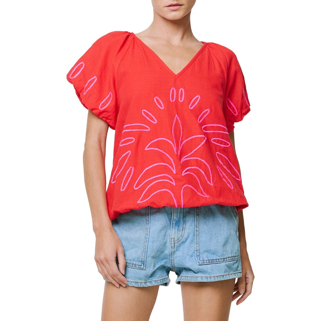 CIEBON CIEBON CELSEY EMBROIDERED COTTON PUFF SLEEVE TOP