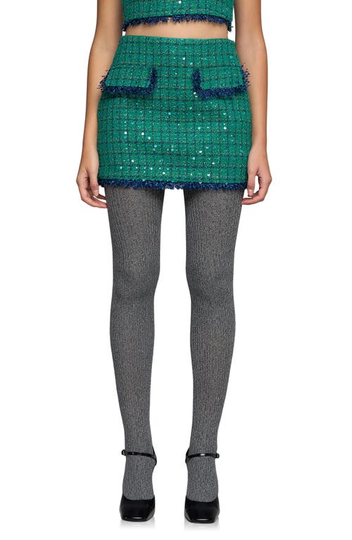 Shop Endless Rose Premium Fringe Edge Sequin Tweed Miniskirt In Green/navy