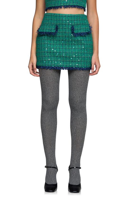 Endless Rose Premium Sequin Tweed Mini Skirt In Green/ Navy