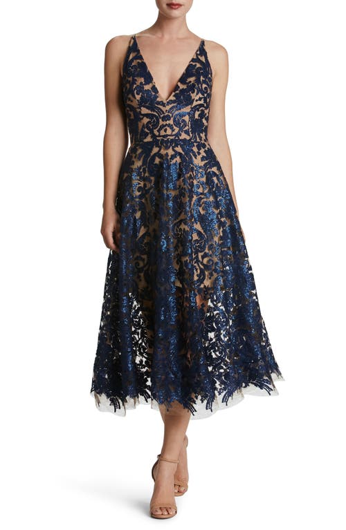 Dress The Population Blair Embellished Fit & Flare Cocktail Dress In Navy/nude