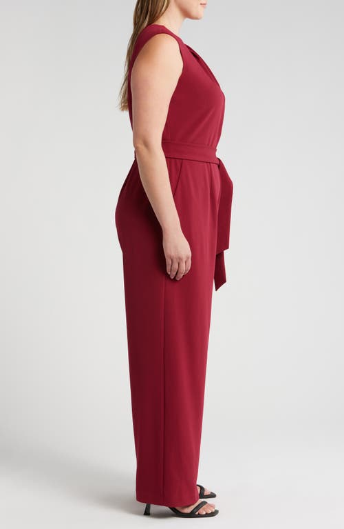 Tahari Asl Cross Neck Tie Waist Sleeveless Jumpsuit In Mulberry