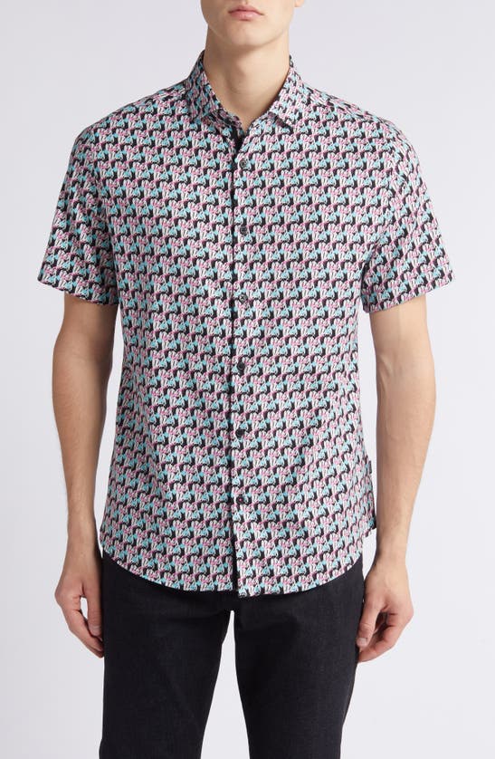 Shop Stone Rose Zebra Short Sleeve Trim Fit Button-up Shirt In Black