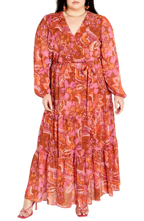 City Chic Print Long Sleeve Tiered Faux Wrap Maxi Dress at