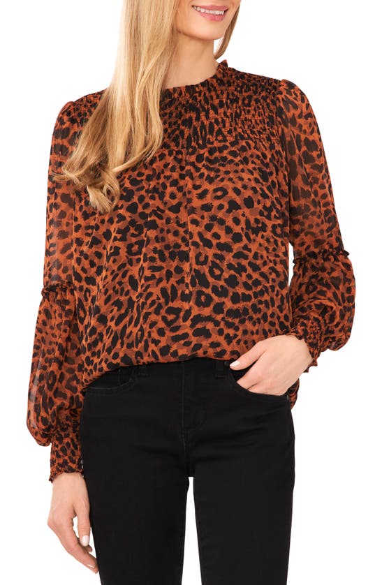 CECE LEOPARD PRINT SMOCKED LONG SLEEVE BLOUSE