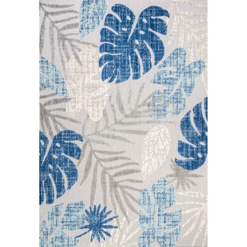 Jonathan Y Monstera Tropical Leaf High-low Indoor/outdoor Area Rug In Light Gray/navy