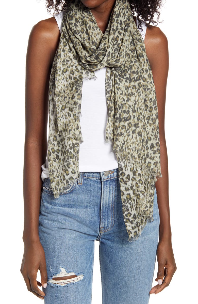 ALLSAINTS Patch Leopard Print Fringed Scarf, Main, color, CAMEL