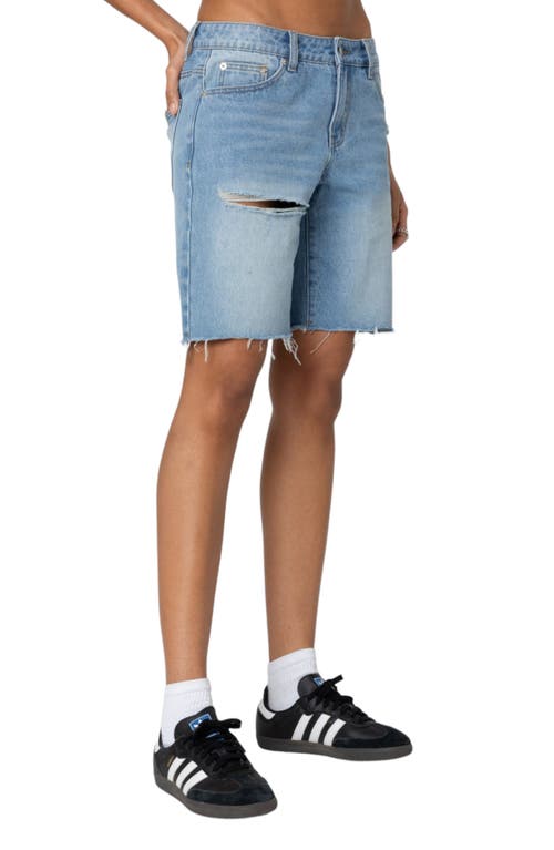 Shop Edikted Riptide Ripped Denim Bermuda Shorts In Blue-washed