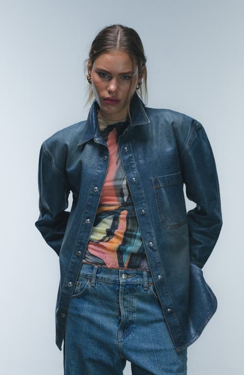 Shop Topshop Coated Denim Snap-up Shirt In Mid Blue