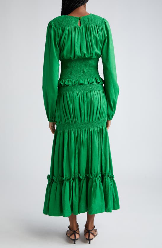 Shop Oríré Gale Smocked Long Sleeve Tiered Maxi Dress In Green