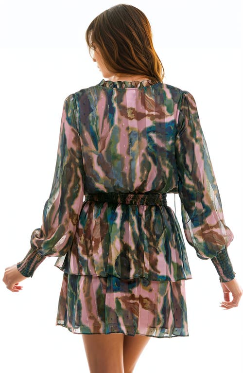 Shop Socialite Print Metallic Tiered Long Sleeve Minidress In Clay/navy/teal