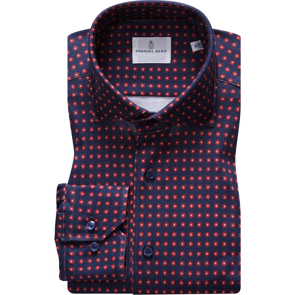 Emanuel Berg 4flex Modern Fit Print Knit Button-up Shirt In Blue/dark Red
