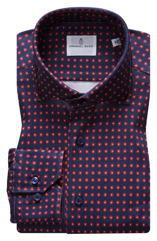 4Flex Modern Fit Print Knit Button-Up Shirt in Blue/Dark Red