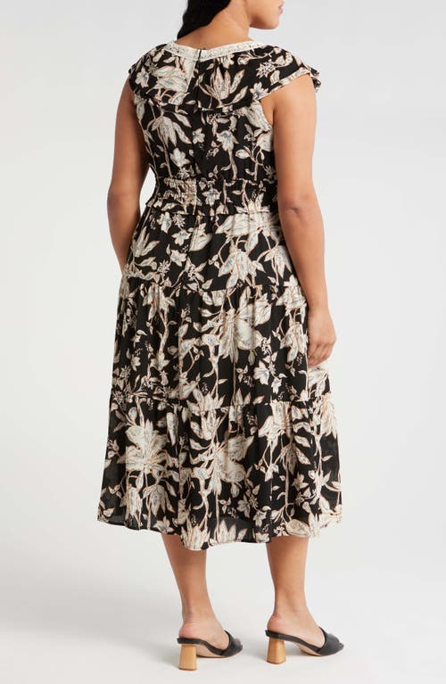 Tahari Asl Foliage Print Cap Sleeve Midi Dress In Black Natural